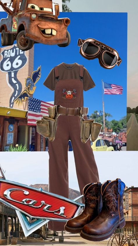 Late Night Styling Game (Theme: Cars) (Character: Mater) #fashion #style #styling #outfit #cars #disney #route66 #cars2 #cars3 Mater Outfit, Tow Mater Costume, Car Outfit, Costume Couple, Tow Mater, Cars Disney, Couples Costumes, Route 66, Late Night