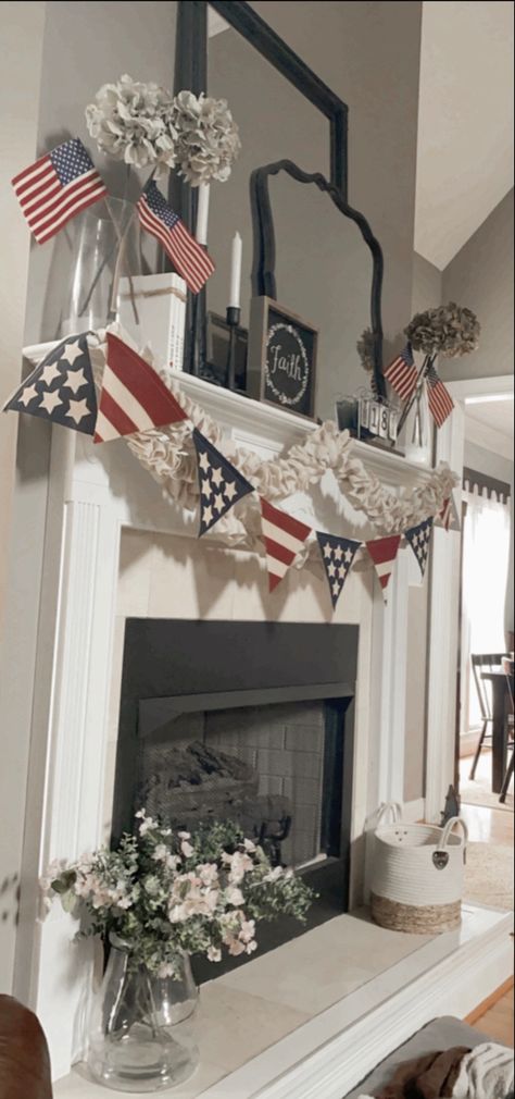 Fourth Of July Fireplace Decor, July 4th Fireplace Mantel, Subtle 4th Of July Decor, July 4th Mantel Decor, 4th Of July Mantle Decor Mantel Ideas, Patriotic Fireplace Decor, Fourth Of July Mantle Decor Mantel Ideas, Americana Mantle Decor, Fourth Of July Decor Ideas