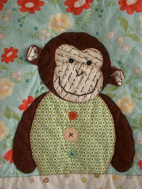 Monkey Quilt 2 - monkey by PatchworkPottery, via Flickr Monkey Quilt, Monkey Applique, Monkey Blanket, Quilted Pillow Covers, Childrens Quilts, Baby Quilt Patterns, Cat Quilt, Boy Quilts, Book Quilt