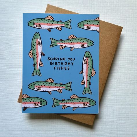 Who doesn’t love a good pun for their birthday? Available tomorrow along with a bunch of other fun cards✨ . . . . . #greetingcards #card #stationery #greetingcard #handmade #phoenixartist #smallbusiness #shoplaunch #illustration #art #cardillustration #nature #fish #birthday #birthdaycard #birthdayfishes Punny Birthday Card, Fish Cards, Fish Birthday, Envelope Paper, Greeting Card Birthday, Fishing Cards, Best Puns, Fishing Birthday, Fun Cards