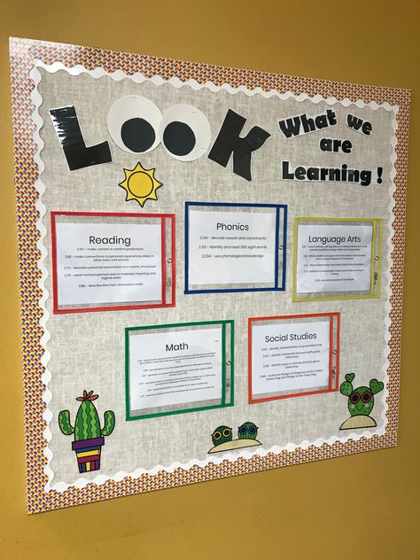 Objectives Bulletin Board Curriculum Bulletin Board Ideas, Weekly Learning Board, What We Are Learning Bulletin Board Preschool, Preschool Work Bulletin Board Ideas, Prek Bulletin Board Ideas Learning, What We’re Learning Bulletin Board, Important Info Bulletin Board, Small Teacher Bulletin Boards, Lesson Plan Bulletin Board