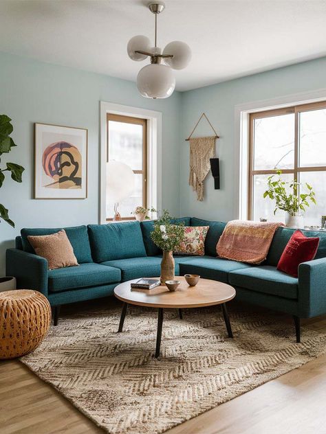 16. Modern Boho with Teal Accents Teal Scandinavian Living Room, Mid Century Modern Living Room Teal Couch, Colorful Lounge Room, Teal Couches Living Room Ideas, Clean Eclectic Living Room, Modern Teal Living Room, Deep Teal Living Room Ideas, Blue Green Couch Living Room, Light Blue Boho Living Room