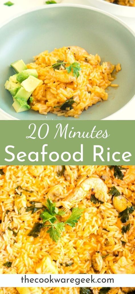 Spanish seafood rice recipe. Arroz a la marinera is a great easy dinner recipe. It has shrimps, clams, scallops. A restaurant quality dinner recipe in 20 minutes. Also, it only need 1 pan or pot. #easydinner #seafoodrice Rice With Seafood, Seafood And Rice, Seafood Rice Recipe, Crab Rice, Seafood Mac And Cheese, Seafood Rice, Spanish Rice Recipe, Peruvian Dishes, Rice Side Dishes