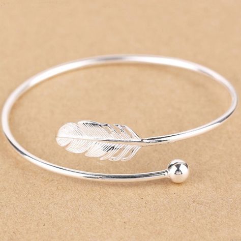 Sweet Silver Women Bangle Feather Adjustable Open Bracelet Horn Pendant Necklace, Open Bracelet, Silver Bracelets For Women, Gold Armband, Swarovski Necklace, Silver Jewellery Sets, Rings Bracelets, Silver Jewelry Handmade, Sterling Silver Bangles