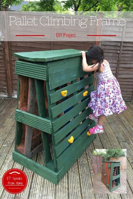 How to use pallet to build Pallet Climbing Frame / Rock climbing/ children activity - ET Speaks From Home Pallet Climbing Frame, Climbing Frame Diy, Pallet Gardens, Diy Climbing Wall, Kids Climbing Frame, Pallet Kids, Diy Wood Pallet, Pallet Playhouse, Upcycled Garden