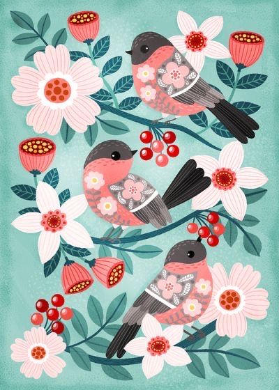 Flower Bird Illustration, Gouache Bird Illustrations, Spring Birds Illustration, Spring Illustration Art, Bird Art Drawing, Flower And Bird Painting, Spring Illustrations, Folk Bird, Draw Birds