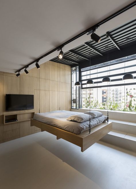 45m2 Home / Ashari Architects | ArchDaily Design Ložnic, One Room Apartment, Hidden Bed, 아파트 인테리어, Bedroom Bed Design, Guest Bed, House Interior Decor, Apartment Room, Bed Design