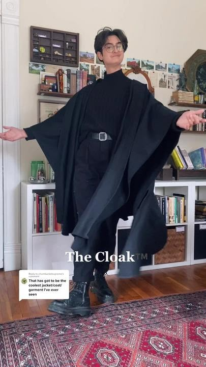 Replying to @chumbucketsupreme curious about the cloak? #darkacademia ... | TikTok Cloaks For Men, Cloak Outfit Men, Enby Prom Outfit, Non Binary Wedding Outfit, Cloak Aesthetic, Enby Vibes, Dark Academia Outfit Men, Cape Coat Outfit, Cloak Fashion