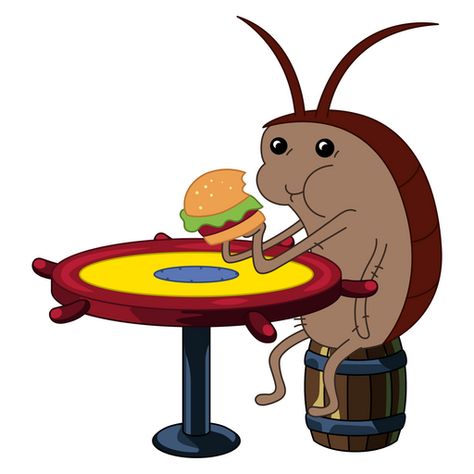 This little cute brown creature is a Cockroach that lives in the kitchen of the Krusty Krab. SpongeBob made a small restaurant especially for Cockroach, put him at a miniature table, and fed him a... Cockroach From Spongebob, Cockroach Spongebob, Spongebob Cockroach Eating, Spongebob Restaurant, Spongebob Roach, Spongebob Illustration, Spongebob Workout, Spongebob Krusty Krab, Spongebob Squarepants Funny