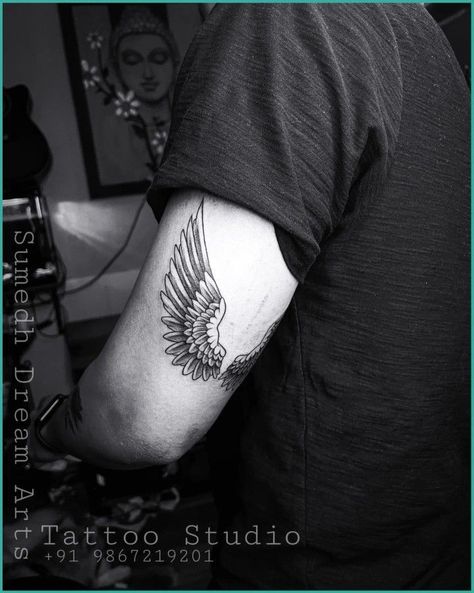 Wings Hand Tattoo Men, Men Angel Wing Tattoo, Wings Tricep Tattoo, Small Wing Tattoo Men, Tattoo Wings Men, Wing Tattoo Back Of Arm, Wings Tattoo On Hand, Angel Wings Tattoo For Men, Wing Tattoo Designs Arm