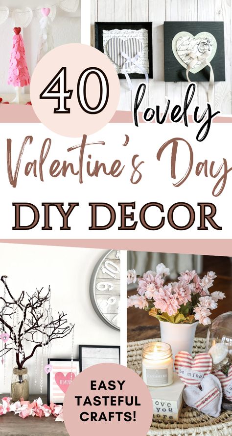 Are you looking for cheap Valentine's Day ideas? DIY Valentine's Day decorations are a great way to spruce up your home after winter! Check out these beautiful Valentine's Day decor ideas  - these are easy Valentine's Day crafts with ideas for all skill levels, even beginners. Many are in gorgeous rustic and farmhouses styles! Valentine's Day DIY home decor projects are ideal for budget-friendly decorations! Black And Gold Valentine Decor, Valentine’s Diy Decor, Valentine Topiary Diy, Muted Valentines Decor, Valentines Decorations For Home Mantels, Valentine Decorating Ideas Diy, Valentine Mantle Decorating Ideas, Valentine Day Diy Decorations, How To Decorate For Valentines Day