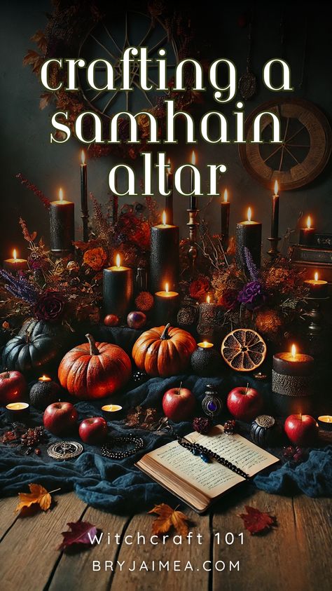 Crafting a Samhain altar involves honouring ancestors, celebrating the final harvest, and preparing for winter's introspection. Key elements include natural symbols like pumpkins, gourds, and apples; colours such as deep black, purple, and red; and personal artefacts like photographs, mementos, and handwritten letters. Ritual tools like candles, incense, and crystals enhance the spiritual connection. Samhain Table Decorations, Samhain Ancestor Altar, Crystals For Samhain, Altar Aesthetic Witch, Samhain Decorations Diy, Samhain Crafts Diy, Samhain Altar Ideas, Samhain Symbols, Samhain Alter