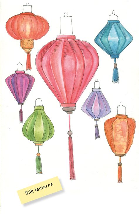 Bujo Lantern Theme, Chinese Lantern Watercolor, Vietnamese Lantern Tattoo, Vietnamese Drawing, Chinese Lantern Art, Chinese Lantern Drawing, Lanterns Drawing, Vietnamese Lanterns, Vietnam Lantern