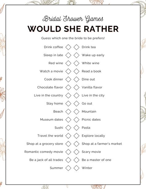 Add some fun to your bridal shower with this free printable 'Would She Rather' game! This funny bridal shower game is perfect for unique bridal shower activities that will keep guests entertained. Whether you're planning a wedding shower or bridal party, this game is a must-have! Bridal Games Free Printables, Cute Bridal Shower Games, Bridal Shower Ice Breaker Games, Bridal Shower Games Funny Interactive, Bridal Shower Ideas Games, Bridal Shower Games Free, Free Bachelorette Party Games, Bridal Shower Games Free Printables, Diy Bridal Shower Games