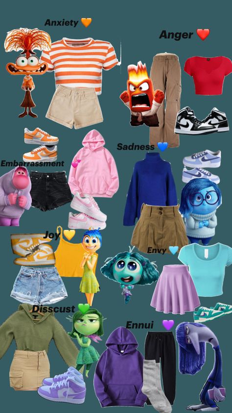 Dress As Favorite Movie Character, Disney Princess Spirit Week Outfits, Simple Characters To Dress Up As, Dress Your Age Spirit Week, People To Dress Up As, Discustinside Out, Envy Outfit Ideas Inside Out, Dress Like Movie Character, Inside Out Two Outfits