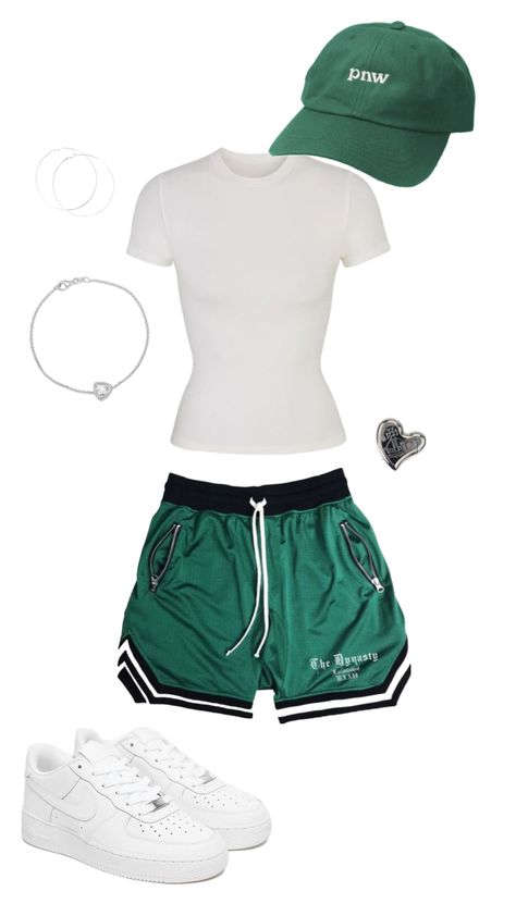 Green fit 🌱 #green #outfitinspo #fyp #vibes #vintage #basketball #pants #top #cap #shirt #beauty Y2k Fashion Green, Green Sneakers Outfit, Basketball Shorts Outfit, Planned Outfits, Sporty Casual Outfits, Closet Organisation, Gymwear Outfits, Green Clothing, Basketball Pants