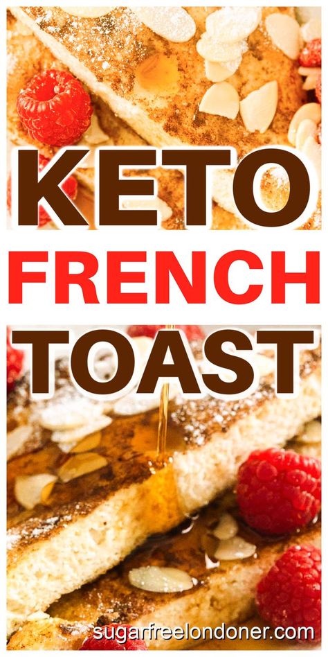 Slices of keto french toast with raspberries and sugar-free syrup. Low Carb Toast, Low Carb French Toast, Keto French Toast, Quick Keto Meals, Sugar Free Breakfast, Sugar Free Syrup, Weekend Breakfast, Sugar Free Desserts, Low Carb Breakfast