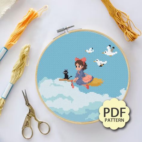 Tiny Broom Ride Kiki's Delivery Service Cross Stitch - Etsy New Zealand Kikis Delivery Service Cross Stitch, Free Cross Stitch Patterns To Download, Studio Ghibli Cross Stitch, Ghibli Cross Stitch, Cross Stitch Charts Free, Geeky Cross Stitch Patterns, Cross Stitch Free, Full Background, Geeky Cross Stitch