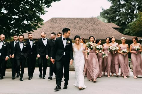 Mauve Bridesmaid Dress With Black Groomsmen, Bridesmaid Dress Colors 2023, Mauve Wedding Party, Blush Wedding Colour Scheme, Groomsmen Colors, Mafia Wedding, Black Tux Wedding, Mauve Wedding Colors, Pink Bridal Party