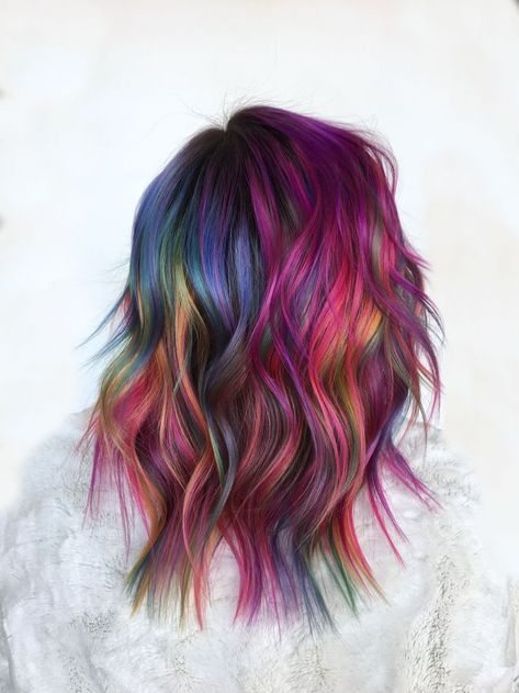 Bright Colour Hair Ideas, Autumn Rainbow Hair, Bright Hair Colour Ideas, Fantasy Hair Colors, Multicolor Hair Ideas, Fantasy Hair Color Ideas, Crazy Color Hair Ideas, Vivid Hair Color Ideas For Brunettes, Dark Rainbow Hair