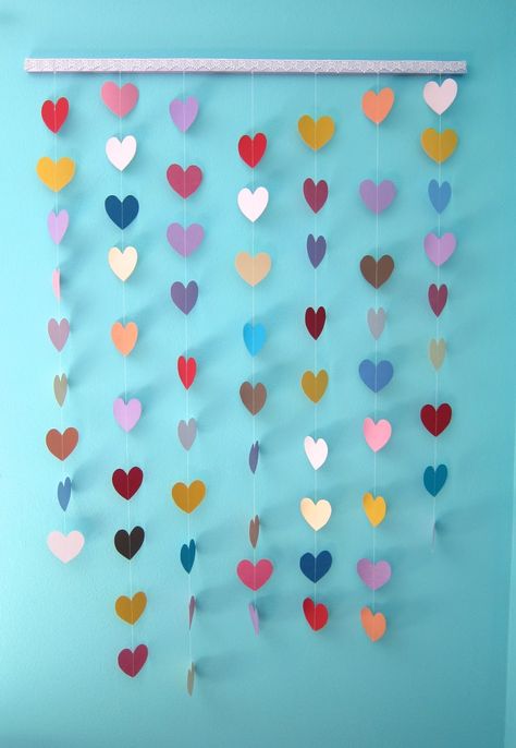 All Sorts of Random: Paper Heart Wall Hanging Tutorial Paper Heart On Wall, Hanging Valentine Crafts For Kids, Heart Hanging Decoration Diy, Heart Wall Hanging Diy Paper, Heart Paper Garland Diy, Heart Curtain Diy Paper, Kids Wall Hanging, Paper Projects Diy, Paper Heart Garland