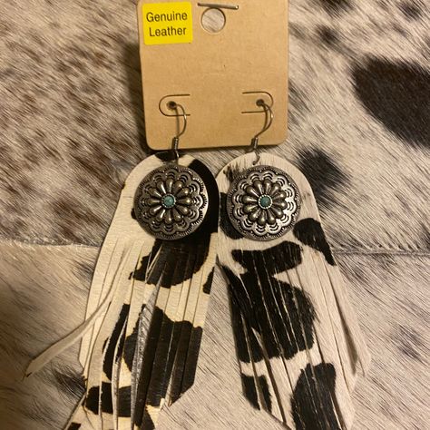 Genuine Leather And Cow Print Concho Fringe Earrings.. New Leather Concho Earrings, Leather And Concho Earrings, Brown Bohemian Concho Earrings, Cow Hide Earrings, Longhorn Leather Earrings, Multicolor Earrings, Turquoise Stud Earrings, Western Earrings, Fabric Earrings