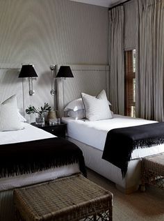 Guest room with ticking Transitional Twin Bedroom, Twin Beds Guest Room, Bedding Black, Upholstered Walls, Bedroom White, Minimalist Bedroom Design, Twin Beds, Twin Bedroom, Stripe Wallpaper