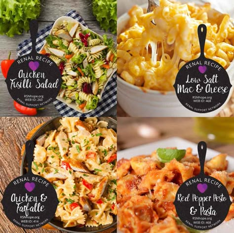 From cheesy and hearty to fresh and seasonal, our most-loved kidney-friendly pasta recipes are perfect for a weekday family dinner and are a huge hit at potlucks and picnics. Renal Diet Pasta Salad, Kidney Diet Recipes Dinners, Low Potassium Recipes Dinners, Renal Diet Cake Recipe, Renal Diet Pasta Recipes, Kidney Friendly Pasta Recipes, Low Potassium Pasta Recipes, Davita Recipes Renal Diet, Meals For Kidney Patients