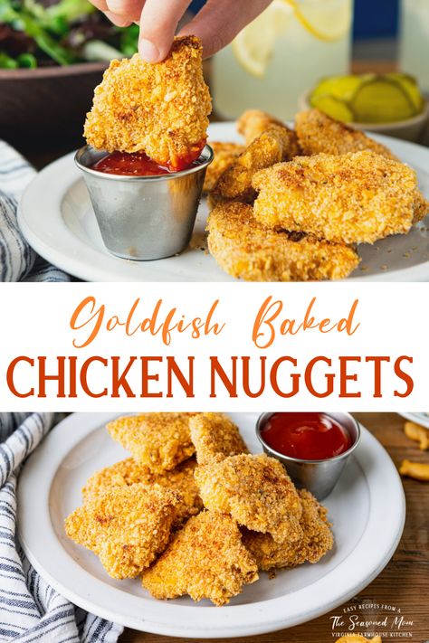 Crispy and flavorful, these Goldfish baked chicken nuggets are an easy dinner that your whole family will love. That's right -- your kids' favorite snack cracker is the secret ingredient in the breading! Skip the drive-thru and serve the homemade chicken nuggets with honey mustard and ketchup for dipping, plus salad, coleslaw, corn muffins, or potato wedges on the side. Homemade Chicken Nuggets Baked, Tender Recipes, Apartment Meals, Salad Coleslaw, Crispy Oven Fried Chicken, Chicken Cornbread, Kids Foods, Honey Mustard Dipping Sauce, Simple Dinners