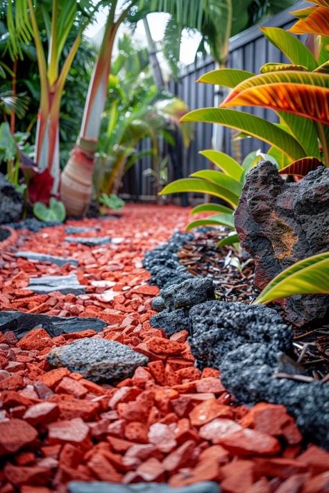 Vibrant Red Lava Rock Landscaping Tips Lava Rocks Landscaping Front Yards, Red Lava Rock Landscaping Ideas, Red Lava Rock Landscaping, Black Lava Rocks Landscaping, Lava Rock Landscaping, Lava Rock Landscape, Wooden Ladder Decor, Small Urban Garden, Rock Fountain