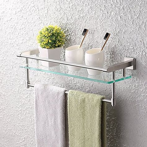 Shelf With Rail, Bathroom Glass Shelf, Bathroom Shelf With Towel Bar, Glass Bathroom Shelves, Glass Shelves In Bathroom, Rustic Bathroom Shelves, Glass Wall Shelves, Towel Shelf, Bathroom Wall Shelves