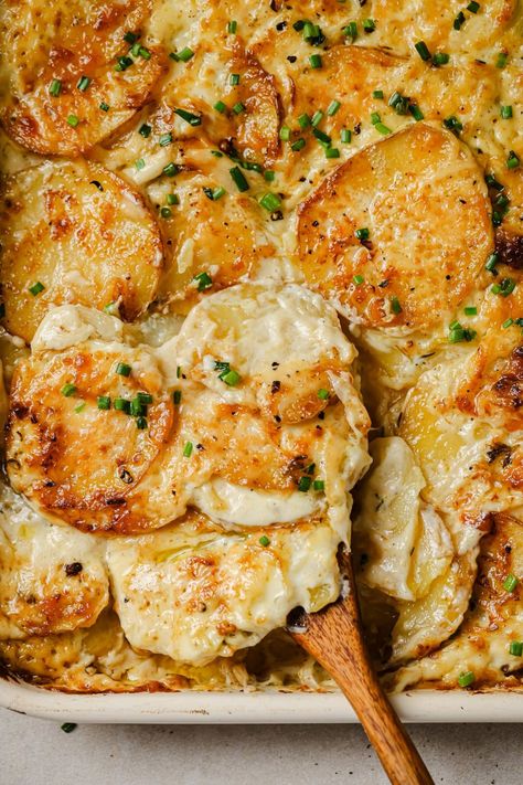 This Sheet Pan Scalloped Potatoes recipe will give you crispy potatoes drenched in a delicious cheese sauce in every bite. No more fighting over the crispy edges of scalloped potatoes! Sheet Pan Scalloped Potatoes, Baked Red Potatoes, Potato Sauce, Mood Boosting Foods, Scalloped Potatoes Easy, Scalloped Potatoes Recipe, Scalloped Potatoes Cheesy, Popular Side Dishes, Crispy Cheese