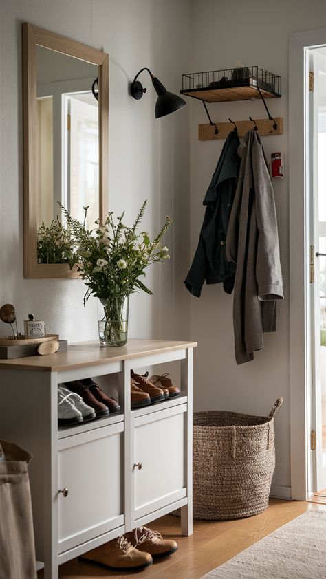 Create an inviting entryway that charms every guest! This styled space features a small vase of wildflowers on a sleek console table, perfectly complemented by the minimalist HEMNES shoe cabinet and TJUSIG coat rack. A KNIPSA basket adds a touch of personality, while a wall-mounted light fixture casts a warm glow. Discover how to infuse freshness and warmth into your home with these simple yet effective styling tips. Ready to elevate your entryway? Click for more inspiration! #EntrywayDecor #IKEAStyle #WildflowerArrangement #HomeStyling #InteriorInspo #WelcomingHome #CozyVibes Hallway Ideas With Storage, Apartment Hallway Ideas Entryway, Mudroom Console Table, Front Entrance Closet Organization, How To Organize Shoes In A Small Space, Knipsa Basket, Apartment Hallway Ideas, Sleek Console Table, Ikea Shoe Storage