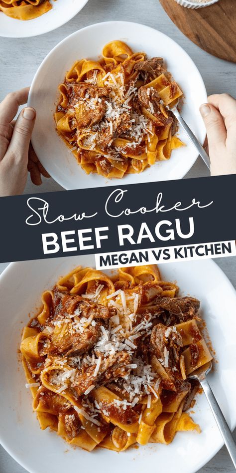 This Slow Cooker Beef Ragu is made in the crockpot (slow cooker), served over pappardelle pasta, and topped with parmesan cheese. It’s a great cold weather meal that will keep you cozy and full.