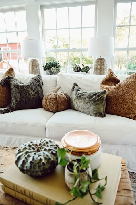 Fall Pillows On Couch, Fall Couch Decor, Fall Inspired Living Room, Fall Couch, Minimalist Fall Decor, Cozy Fall Living Room, Autumn Interior, Liz Marie, Fall Living Room