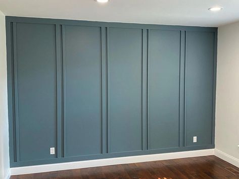 Accent wall with moldings, blue wall Slate Blue Accent Wall Bedroom, Gray Blue Accent Wall, Boy Room Accent Wall Ideas, Slate Blue Accent Wall, Dusty Blue Accent Wall, Blue Green Accent Wall, Accent Wall With Crown Molding, Dark Teal Accent Wall, Slate Tile Paint