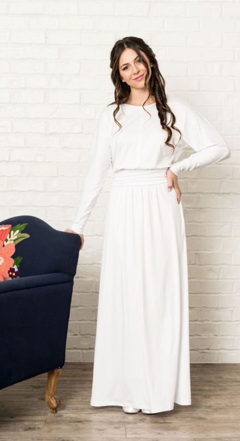 girl with hand on waist Lds Temple Wedding Dress, Lds Temple Clothing, Modest Capsule Wardrobe, Temple Wedding Dresses, Lds Temple Dresses, Consecrated Life, Lds Temple Dress, Three Tiered Skirt, White Tunic Dress