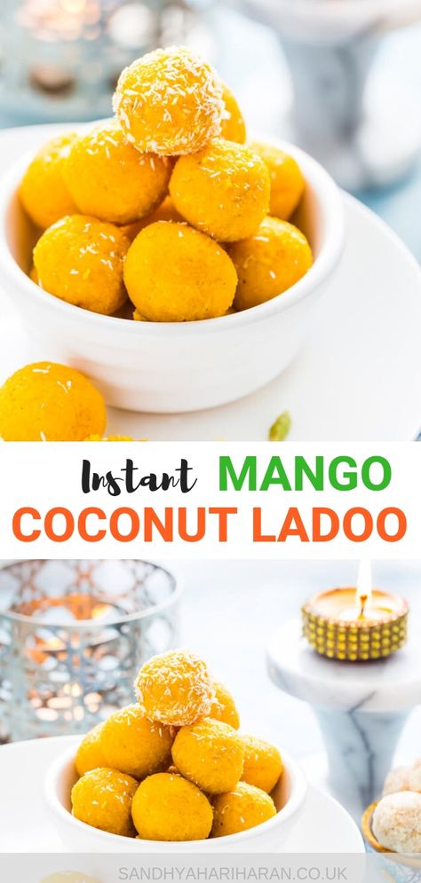 Mango Coconut Ladoo is an instant dessert is made with mango puree, coconut and condensed milk. Be it Diwali, Ramadan, Thanksgiving or Christmas, this easy Mango Ladoo can be showstopper, made in a jiffy. Yes, in just about 25 minutes. #ladoo #diwalisweets #instantdessert #instantfood #mango #coconut Sandwich Recipes Indian, Instant Dessert, Best Indian Recipes, Diwali Sweets, Mango Dessert, Mango Puree, Mango Coconut, Instant Recipes, Pureed Food Recipes