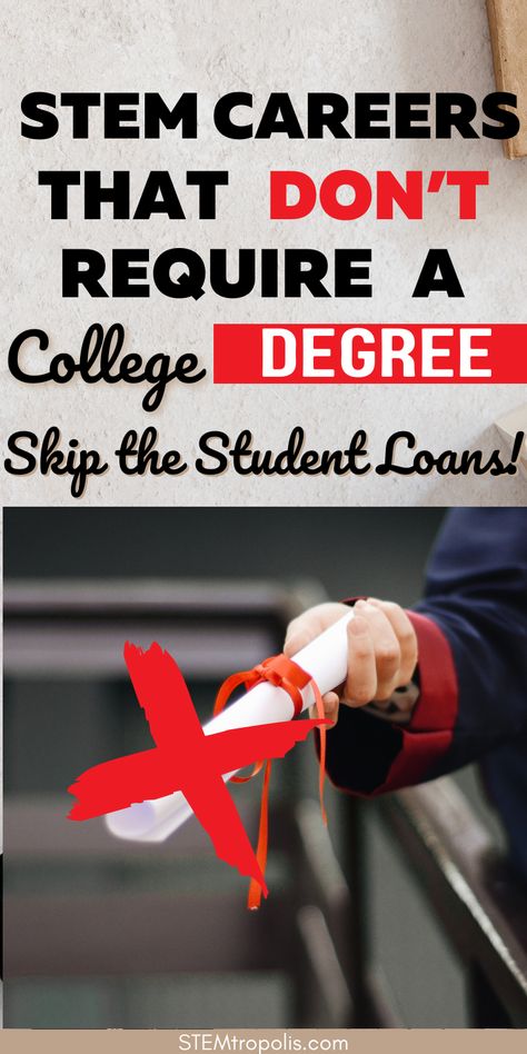 Not all great jobs need a degree to get started.  You can kick start your career earlier and skip out on the student loans!  We've found some STEM careers without a degree that require only a high school diploma or a professional portfolio of completed work instead of a degree. College isn't for everyone - check out these job opportunities that don't require a college or university degree. Careers Without A Degree, Free Coding Courses, Coding Courses, Stem Careers, Professional Portfolio, School Diploma, Trade School, High School Diploma, University Degree