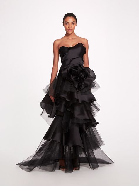 Marchesa Couture, Marchesa Fashion, Womens Evening Wear, Tiered Gown, Marchesa Spring, Nyc Boutiques, Satin Tulle, Column Gown, Black Gown