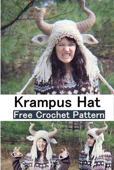 Looking for a super cute and cozy crochet project? The Free Crochet Pattern Cozy Goat Hat is perfect for all ages! This charming hat has adorable little horns and a snug fit, making it a hit among kids and adults. . All you need is some worsted-weight yarn in brown, black, white, blue, and tan, along with a few tools like different-sized crochet hooks, fiber fill, and a yarn needle. With easy-to-read instructions, this pattern guides you to craft a heartwarming goat hat, making it a lovely gift Krampus Hat Crochet, Krampus Crafts Diy, Unique Crochet Hats, Crochet Krampus, Krampus Crochet, Yarn Crafts For Adults, Crochet Halloween Costume, Unique Craft Ideas, Costume Crochet