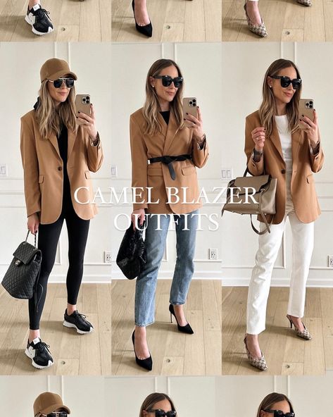 camel blazer outfit, blazer and jeans outfit, how to style a camel blazer, belted blazer outfit, blazer and white jeans outfit, blazer and leggings outfit, blazer and sneakers outfit Coffee Blazer Outfit, Toffee Blazer Outfit, Outfit With Brown Blazer Women, Tan Boyfriend Blazer Outfit, Tan Wool Blazer Outfit Women, H&m Blazer Outfit, How To Style Tan Blazer, Yoga Pants Blazer Outfit, Beige Blazer And Jeans Outfit