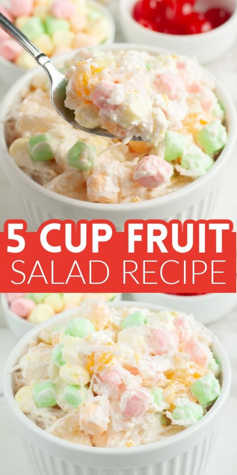 5 cup fruit salad is an old fashioned recipe that is straight from grandma's table. This marshmallow fruit salad is made with just a few ingredients. 5 cup salad is a great side dish or dessert. Sweet, tangy, and delicious, 5 cup salad is perfect for the holidays, parties, potlucks, and BBQ's. Recipes Using Mandarin Oranges, 5 Cup Salad Recipe, Five Cup Salad Recipe, 5 Cup Fruit Salad, Fruit Salads For Parties, Marshmallow Fruit Salad, 5 Cup Salad, Marshmallow Salad, Mexican Fruit Salads