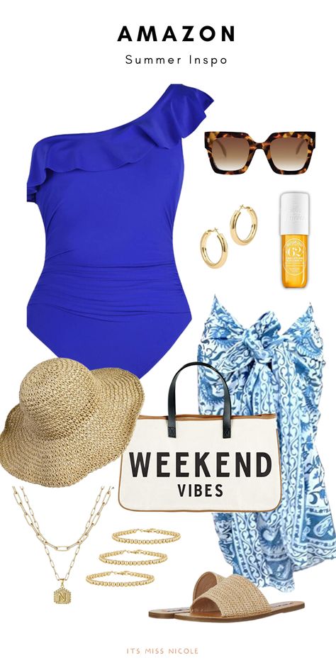 resort style bathing suit for over 40 over 50 women with collage of other summer fashion items with a text overlay that says amazon summer inspo Amazon Cruise Outfits, Beach Vacation Outfits Over 40, Vacay Outfits Casual, Florida Vacation Outfits, Outfit Ideas Simple, Mexico Vacation Outfits, Tropical Vacation Outfits, Vacation Outfit Ideas, Amazon Influencer