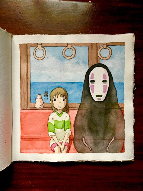 Sketches From Movies, Watercolor Art Characters, Cute Art Watercolor, Ghibli Drawing Watercolor, Anime With Watercolor, Watercolor Art Studio Ghibli, Ghibli Drawing Ideas, Studio Ghibli Drawing Ideas, Studio Ghibli Inspired Art