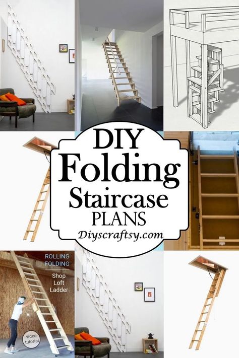 DIY Folding Staircase Plans Folding Spiral Staircase, Staircase Space Saving, Retractable Loft Ladder, Fold Up Stairs Staircases, Folding Staircase Space Saving, Folding Steps Staircase, Folding Ladder For Loft, Diy Folding Stairs, Retractable Loft Ladder Ideas