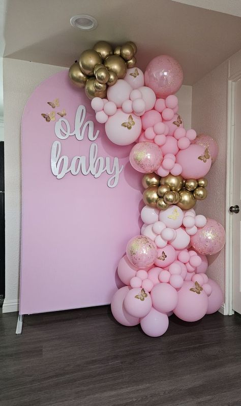 Butterfly Baby Shower Balloon Garland, Butterfly Cake Baby Shower Pink, Girl Baby Shower Ideas Butterflies, Pink Butterfly Baby Shower Theme, Pink And White Baby Shower Ideas, Pink Butterfly Baby Shower Ideas, Butterfly Baby Shower Ideas Decoration, Butterfly Themed Baby Shower Ideas, Butterfly Theme Baby Shower Ideas