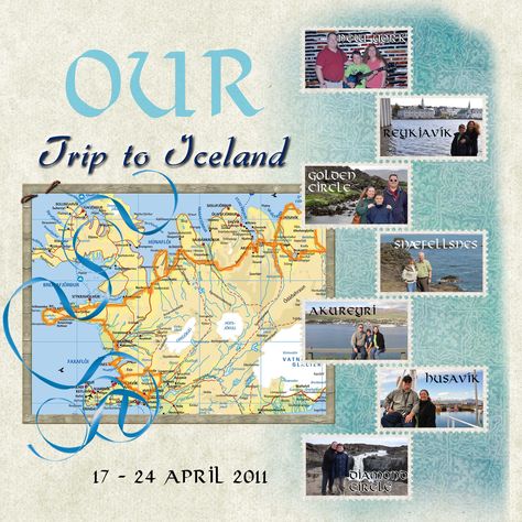 Iceland book title page - Scrapbook.com Iceland Scrapbook Layouts, Scrapbook Title Page Layouts, Travel Scrapbook Title Page, Iceland Scrapbook, Pet Scrapbook Layouts, Scrapbooking Layouts Travel, Travel Crafts, Cruise Scrapbook, Travel Scrapbook Pages