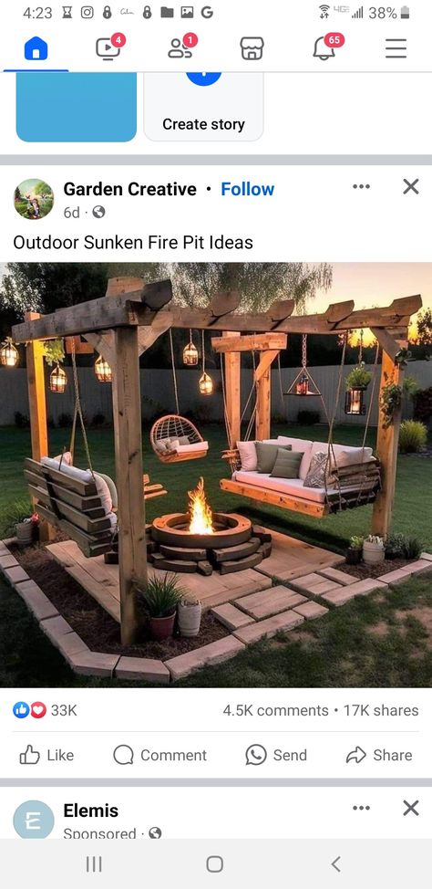 Diy Outdoor Sitting Area, Fire Pit With Swings, Back Yard Fire Pit, Yard Fire Pit, Outdoor Fire Pit Seating, Outdoor Sitting, Patio Plans, Outdoor Sitting Area, Outdoor Fireplaces