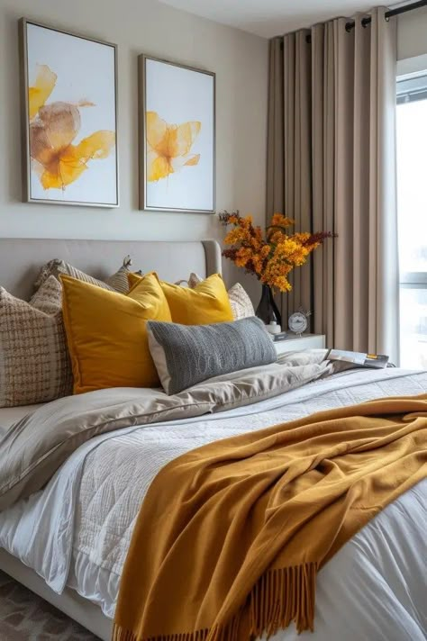 Top 5 Mustard Yellow Bedroom Ideas - Blog by Cavelights Yellow Bedding Aesthetic, Mustard Yellow Bedroom Ideas, Mustard Yellow Bedroom, Earthy Boho Bedroom, Yellow Gray Bedroom, Mustard Bedroom, Charcoal Bedroom, Mustard Yellow Bedrooms, Winter Bedroom Decor